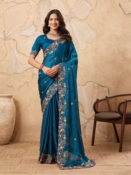 Gahan - Teal Soft Fendy Chiffon Embroidery Saree With Unstitched Blouse