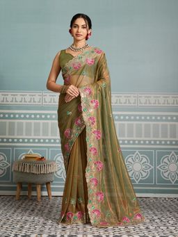 Gahan - Green Twill Net Embroidery Sequence Work Party Wear Saree With Blouse Piece