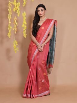 CHARUKRITI - Blush Red Tissue Handwoven Dual Borders & Round Zari Motifs Saree with Unstitched Blouse