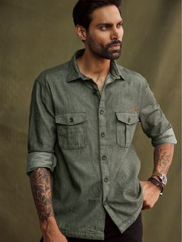 Andamen - Olive Full Sleeve Twill Overshirt-Regular Fit