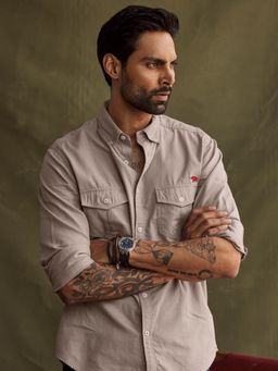 Andamen - Full Sleeve Beige Button Collar Shirt-Regular Fit