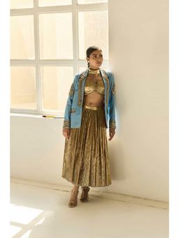 ASHNA VASWANI - Gold Denim Blazer with Bustier and Skirt