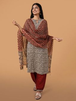 Meeta's - Amodini Red Hand Block Print Kota Doria Dupatta