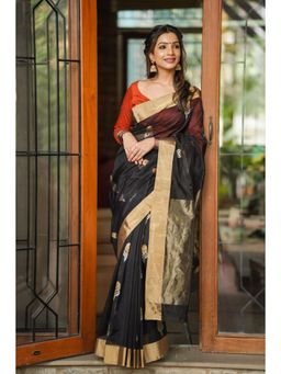 Shobitam - Black Chanderi Silk Woven Saree with Unstitched Blouse