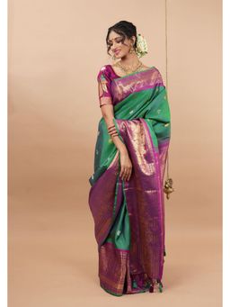 Shobitam - Green Silk Woven Saree with Unstitched Blouse