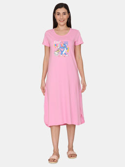 Zivame - Tom & Jerry Colour Block Knit Cotton Mid Length Nightdress - Bonbon