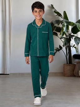 Lil Tomatoes - Boys Green Solid/Plain Cotton Shirt with Pyjama