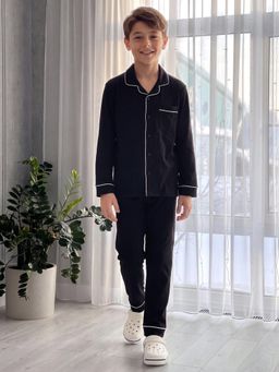 Lil Tomatoes - Boys Black Solid/Plain Cotton Shirt with Pyjama