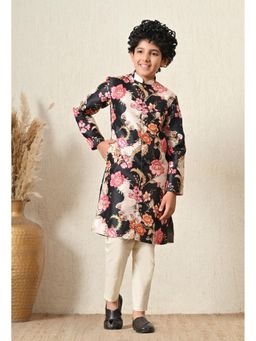 Indi-Loom Couture - Boys Black Floral Cotton Blend Kurta with Pant
