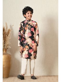 Indi-Loom Couture - Boys Black Floral Cotton Blend Kurta with Pant