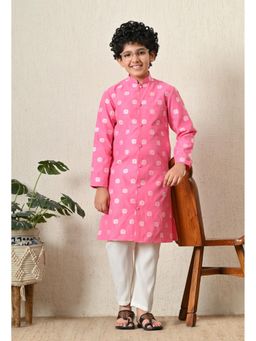 Indi-Loom Couture - Boys Pink Self Design Chanderi Kurta with Pant