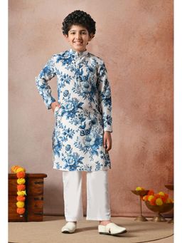 Indi-Loom Couture - Boys Blue Floral Cotton Blend Kurta with Pant