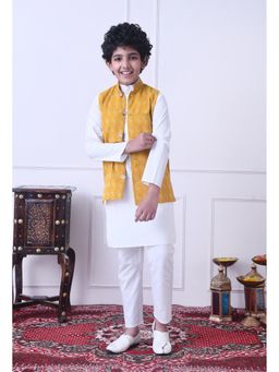 Indi-Loom Couture - Yellow Solid/Plain Pure Cotton Kurta and Nehru Jacket with Pyjama
