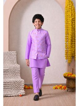 Indi-Loom Couture - Lavender Printed Pure Cotton Kurta and Nehru Jacket with Pyjama