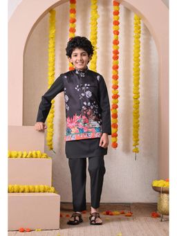 Indi-Loom Couture - Black Floral Pure Cotton Kurta and Nehru Jacket with Pyjama