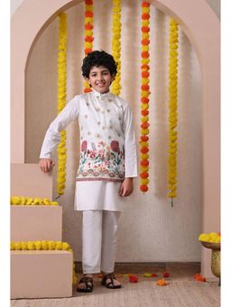 Indi-Loom Couture - White Floral Pure Cotton Kurta and Nehru Jacket with Pyjama