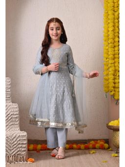 Indi-Loom Couture - Blue Printed Chanderi Anarkali Kurta and Pant with Dupatta