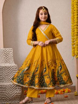 Indi-Loom Couture - Mustard Printed Chanderi Anarkali Kurta and Pant with Dupatta