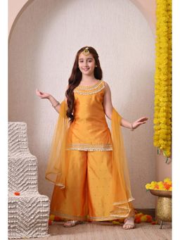 Indi-Loom Couture - Girls Mustard Printed Poly Silk Kurti and Sharara with Dupatta