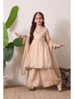 Indi-Loom Couture - Girls Beige Embellished Poly Silk Kurta and Sharara with Dupatta