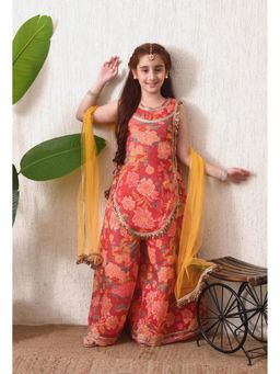 Indi-Loom Couture - Girls Rust Floral Chanderi Kurti and Sharara with Dupatta