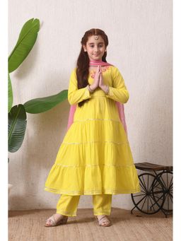 Indi-Loom Couture - Green Embroidered Pure Cotton Anarkali Kurta and Pant with Dupatta