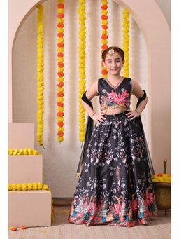 Indi-Loom Couture - Girls Black Floral Silk Blend Lehenga and Choli with Dupatta