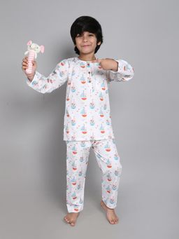 Little Clothings - Boys Off White Printed Cotton Blend Co-Ord Set