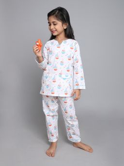 Little Clothings - Girls Off White Printed Cotton Blend Co-Ord Set