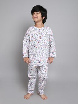 Little Clothings - Boys White Printed Chanderi Co-Ord Set
