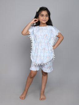 Little Clothings - Girls Blue Printed Poly Silk Co-Ord Set