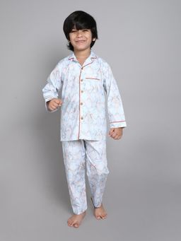 Little Clothings - Boys Blue Printed Poly Silk Co-Ord Set