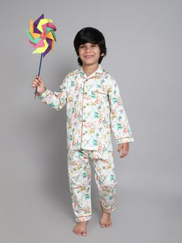 Little Clothings - Boys Off White Printed Chanderi Co-Ord Set
