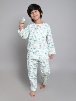 Little Clothings - Boys White Printed Cotton Blend Co-Ord Set