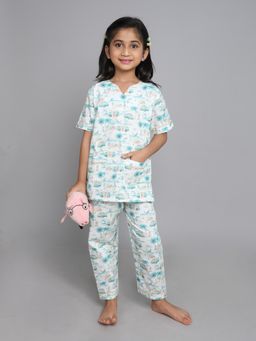 Little Clothings - Girls White Printed Polyester Co-Ord Set
