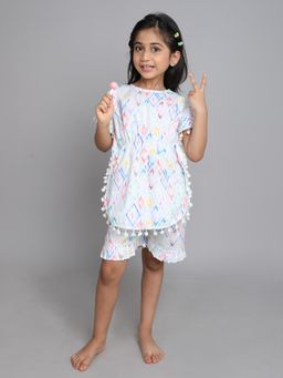 Little Clothings - Girls White Printed Cotton Blend Co-Ord Set