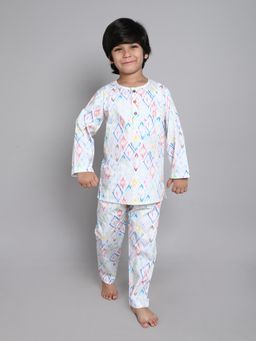 Little Clothings - Boys White Printed Cotton Blend Co-Ord Set