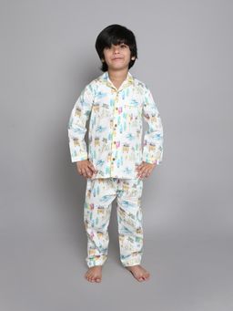 Little Clothings - Boys White Printed Viscose Co-Ord Set