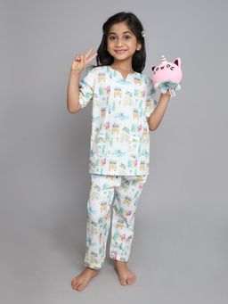 Little Clothings - Girls White Printed Viscose Co-Ord Set
