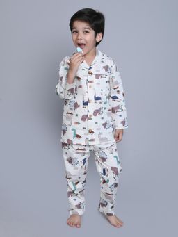Little Clothings - Boys White Printed Cotton Co-Ord Set
