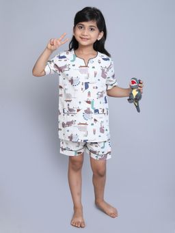 Little Clothings - Girls White Printed Cotton Co-Ord Set