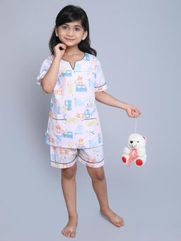 Little Clothings - Girls Off White Printed Cotton Co-Ord Set