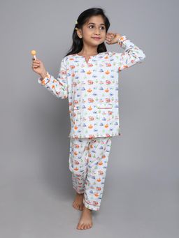 Little Clothings - Girls White Printed Cotton Co-Ord Set