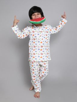 Little Clothings - Girls White Printed Cotton Co-Ord Set