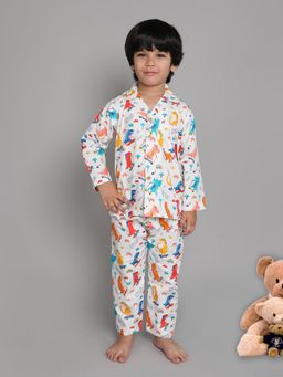 Little Clothings - Boys White Printed Cotton Blend Co-Ord Set