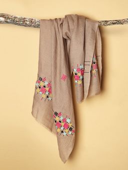 Modarta By Kamakshi - Tan Pure Pashmina Stole With Geometric Hand Embroidered Design
