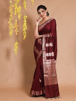 CHARUKRITI - Pecan Brown Silk Handwoven Zari Floral Designs & Motifs Saree with Unstitched Blouse
