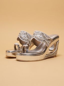 ERIDANI - Arna Embroidered Silver Wedge Heels