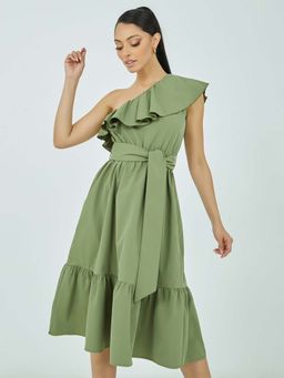 Styli - Green One Shoulder Frill Detail Tiered Midi Dress