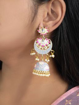 Niscka - Gold Plated Grey Crescent Moon Meenakari Chandbali Kundan Jhumka Earrings